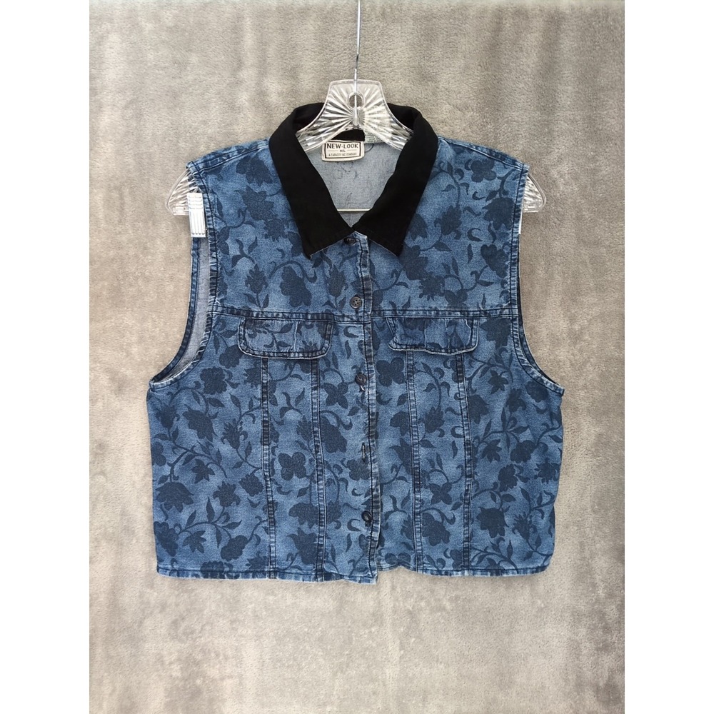 Floral Denim Vest‎ Top Womens Medium Sleeveless Contrast Collar Cropped